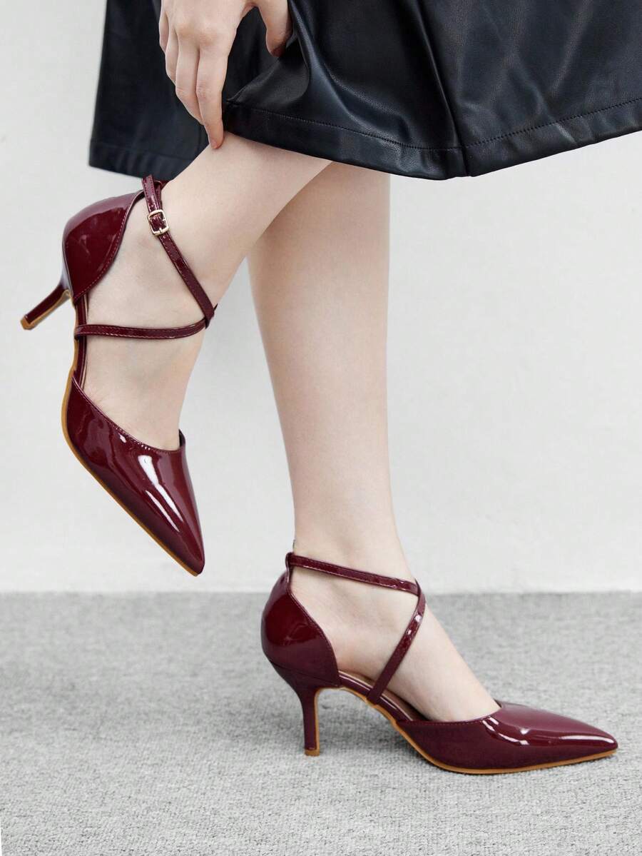 CUCCOO BIZCHIC Escarpins à bride bordeaux à bout pointu, talon aiguille mi-haut, élégants et confortables, style minimaliste. Convient pour le travail, les déplacements, les occasions formelles et les sorties en amoureux.