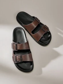 Solecia Retro Leather Flat Double Buckle Slippers For Men, Versatile Beach Wear, New 2025 Summer Collection - Bronze - View 8