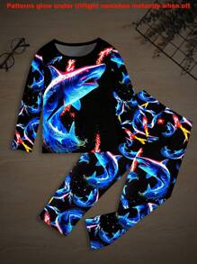 2 件装 Tween Boy 夜光鲨鱼印花纯色长袖家居服套装 - 黑色 - 查看 1