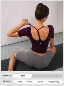 GLOWMODE FeatherFit™ Slim Cropped Length Contour U Back Tee Low Impact Yoga Pilates Daily Summer Baby Tee Gym - Cherry Cola - View 5
