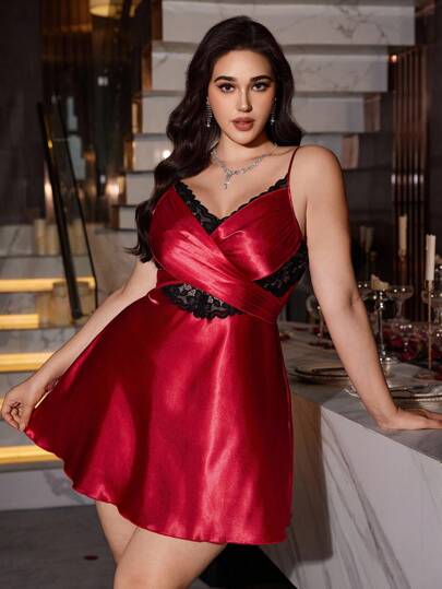  SilkySpell 性感蕾丝酒红色加大码女式裹身系带仿丝吊带睡袍