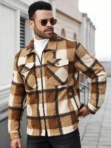 Manfinity CasualCool Plus Size Men's Casual Plaid Zip-Up Jacket, Autumn Flannels For Men Men Shacket Plaid Jacket Men