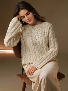 Anewsta Women's Autumn High-End White Beaded Sweater, Loose Mid-Length Knitted Cable Knit Pullover Top, Suitable For Winter - Beige - View 1