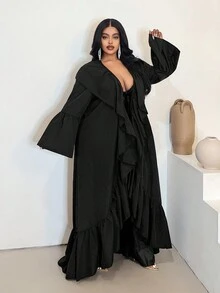 Maweii Áo khoác gió cardigan dáng dài tay loe rộng rãi, chắp vá cá tính cỡ lớn dành cho nữ, áo khoác đa năng cho mùa xuân, mùa thu và mùa đông - màu đen - Xem 5