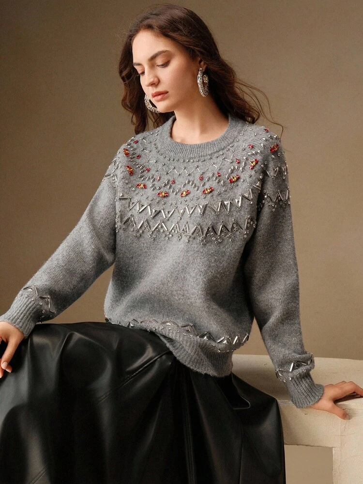 Elegante Suéter de Gola Redonda com Bordado de Strass e Lantejoulas em Estilo Francês, Outono/Inverno