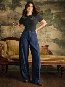 SHEIN X Jwoww Anewsta 复古风格手工纽扣女式直筒蓝色牛仔裤 - 藍色 - 查看 6
