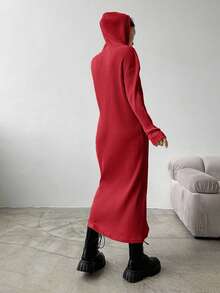 EURMUSE Women's Solid Color Drop Shoulder Long Sleeve Ribbed Casual Hooded Maxi Dress - Merah - View 4