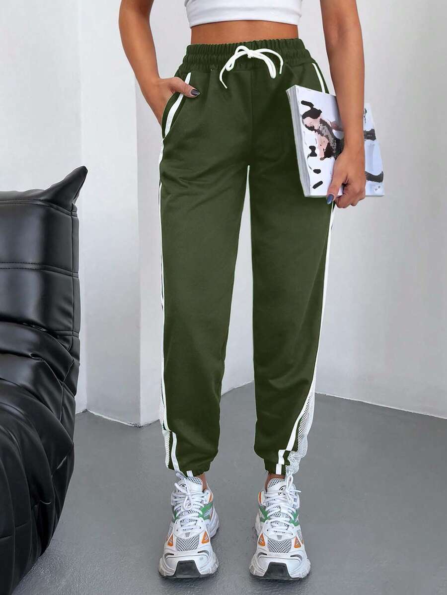 SHEIN Cottnline Quần nỉ có dây rút eo, túi xéo, chất liệu cotton 95% - Màu xanh Ô liu - Xem 1