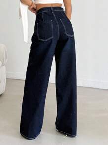 SHEIN Cottnline Women's Loose Flare Leg Pockets Casual Versatile Denim Jeans Women Summer Clothing Woman S Summer Clothes Women Summer Sets - Dark Wash - View 2