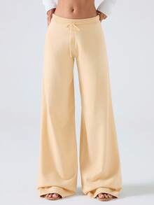 LYSMO Pantalones de punto de pierna ancha de unicolor versátil y casual para mujer - Amarillo - Ver 4