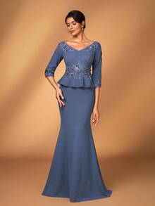Serin Elegant Luxurious Dusty Blue Spring Formal Wedding Embroidered Lace Stretch Knit Mermaid Skirt Sleeve,Suitable For Galas,Mother Of The Bride Dresses - Blue - View 2