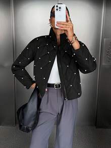 Siren Gaze Pearl Quilted Padded Coat, Winter Jacket For Women , Women Autumn/Winter Black Casual - Black - View 1