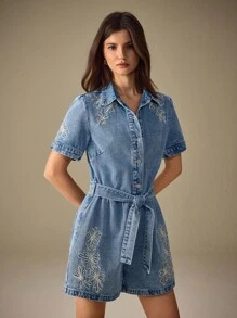 Selenza 女式蓝色常规肩短袖前扣刺绣时尚牛仔连体裤 - 藍色 - 查看 6