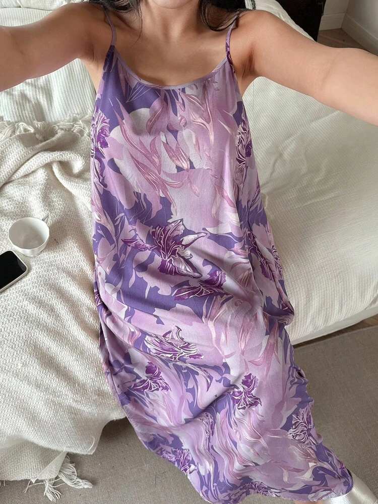 Floral Print Lightweight Long Slip Dress For Women, Vacation Style Pajama, Moo Moo Night Dress