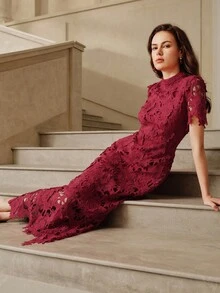 Savoree Lace Trim Fitted Mini Dress For Women Burgundy Maxi Women Outfit - View 6