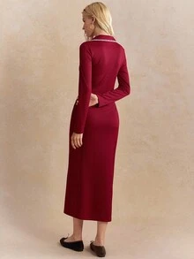 Écloséra Casual Slim Fit Autumn French Retro Lapel Long Sleeve Wine Red Dress Women Dress Ladies Autumn Matching Autumn Dress Women's Casual Dress - Burgundy - View 3