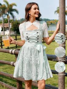 Firerie Vestido verde mini de línea A con cuello cuadrado y decoración de strass, delantal de encaje desmontable con lazada cruzada, elegante para Oktoberfest - Verde - Ver 2