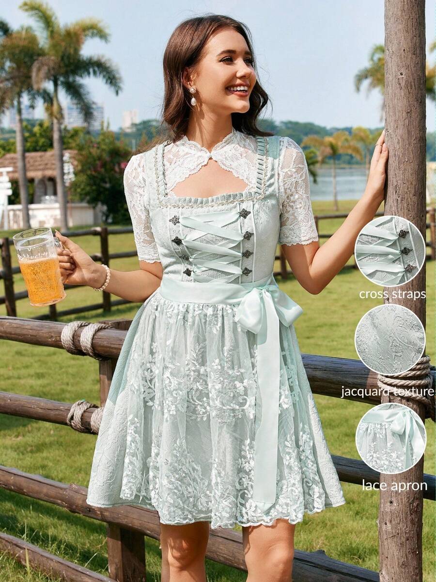 Firerie Vestido verde mini de línea A con cuello cuadrado y decoración de strass, delantal de encaje desmontable con lazada cruzada, elegante para Oktoberfest