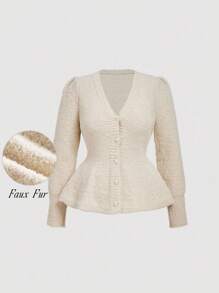 SHEIN MOD Cardigan plus size elegante, fofo, evasê, manga comprida, decote em V, decoração com botões de pérola. Cardigan plus size cor damasco, vintage, romântico, estilo palácio, damasco claro.