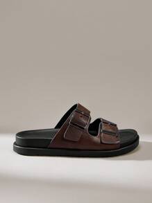 Solecia Retro Leather Flat Double Buckle Slippers For Men, Versatile Beach Wear, New 2025 Summer Collection - Bronze - View 1