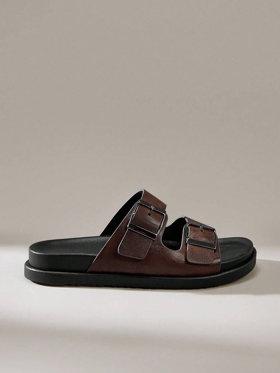 Solecia Retro Leather Flat Double Buckle Slippers For Men, Versatile Beach Wear, New 2025 Summer Collection - Bronze - View 1