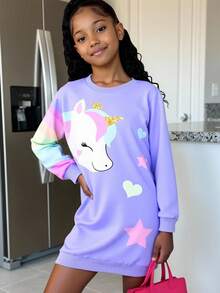 SHEIN Sparklyn Tween Girl Casual Cute Unicorn Print Sweatshirt Autumn Fall - Purple - View 1