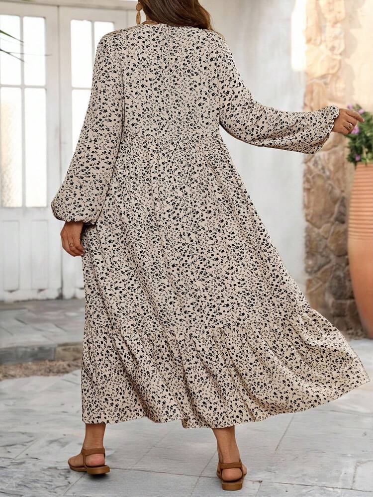Plus Size Women's Fall  Casual  Everyday Long Sleeve Ditsy Floral Knot Collar Ruffle Hem Long Dress,Country Clothing Outfits,Fall Women Clothes,Vacation Outfits Women,Simple And Fashionable For Everyday Wear,Fall Clothes For Women,Vintage,Going Out Outfits, New Clothes,Fall Dresses For Women,Flowy Dress, Women Clothes,Flower/Spring/Summer