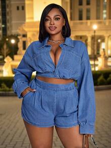 SHEIN CURVE+ 加大码女式蓝色无弹力性感开襟长袖短款牛仔外套，夏季牛仔竞技 - 中等水洗藍 - 查看 5