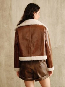 Anewsta Chaqueta corta de mezcla de piel sintética brillante marrón y lana, con adorno de piel elegante, adecuada para otoño, invierno, salidas, elegante, chic, formal