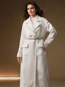 Anewsta Áo khoác dạ nữ dài bằng vải satin trắng, cổ bẻ, thắt lưng đính đá, dáng dài, màu trắng, thu/đông - trắng - Xem 6