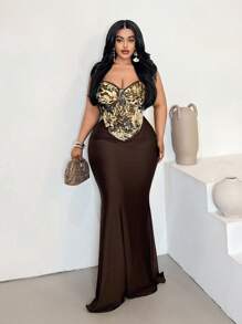 Maweii Plus Size Women's Spring/Summer New Year Contrast Color Tie Front Avant-Garde French Casual Young Chic Fashion Knit Elastic Versatile Undershirt Dress, Sexy Formal Party Dress, Sexy Crop Top, Sexy Jumpsuit, Sexy Transparent Off-Shoulder Fitted Solid Color Dress - Coffee Brown - View 5