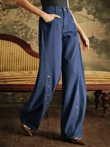 SHEIN X Jwoww Anewsta 复古风格手工纽扣女式直筒蓝色牛仔裤 - 藍色 - 查看 4