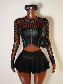 Mistrie 镂空金属孔眼性感透视长袖上衣和 PU 皮革迷你裙套装 - 黑色 - 查看 4