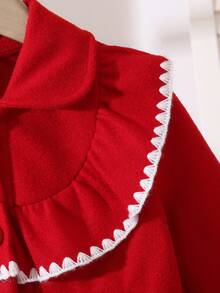 SHEIN 女童秋冬时尚别致贝壳领荷叶边长袖纽扣开衫中长外套，休闲百搭的秋季圣诞节服装 - 紅色 - 查看 6