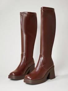 SHUZIA أفضل بيع بوت نسائية بني داكن ذات أصبع مربع أنيق طويلة الساق - مطاطية مريحة مع كعب مرتفع وكتلة للراحة طوال اليوم