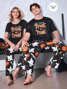 CoupledUp 男士卡通针织印花万圣节南瓜、蝙蝠、鬼魂短袖 T 恤和裤子休闲睡衣套装 - 黑色 - 查看 5