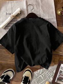 SHEIN LUNE 大码休闲卡通口号印花短袖 T 恤，适合夏季 - 黑色 - 查看 2