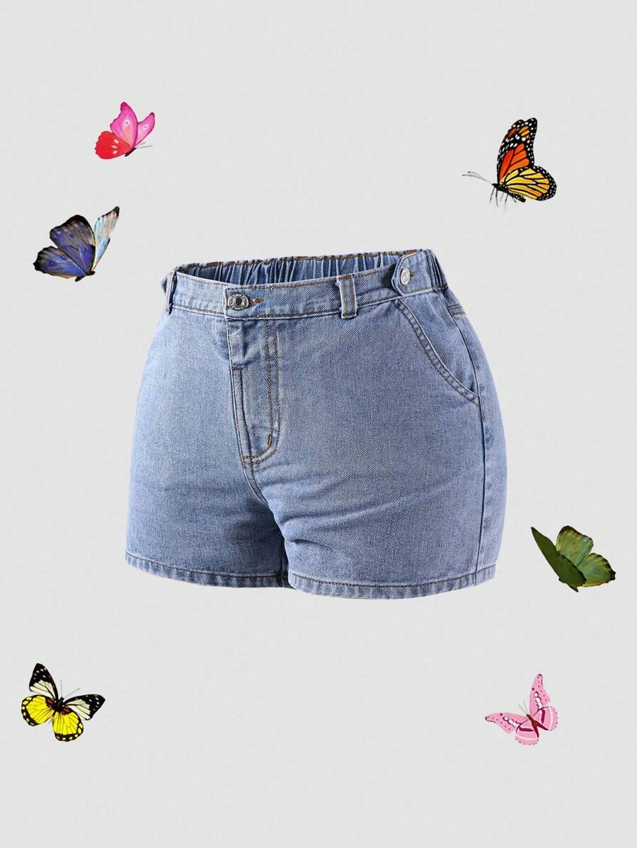 Teen Girls' Embroidered Heart Back Washed Blue Denim Shorts, Youthful Sweet Fashion Energetic - Medium Wash - View 1