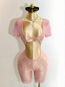 Mistrie Quần dài vừa phải, cổ chữ U, tay ngắn, ren gợi cảm màu đen, thiết kế hở lưng và khoét sâu, kiểu dáng mới dành cho nữ. Quần liền thân bó sát và siêu gợi cảm, thích hợp mặc ở quán bar, hộp đêm, lễ hội âm nhạc và các dịp khác. - Hồng - Xem 4