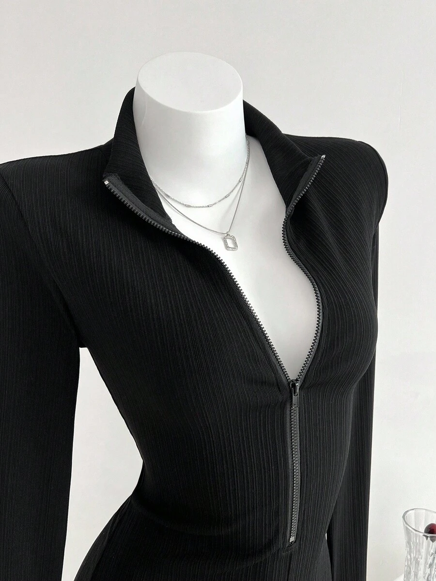SHEIN Unity Sexy Herbst Stehkragen Reißverschluss anliegende Romper, schlankende langärmelige Strick-Romper - Schwarz - Übersicht 1