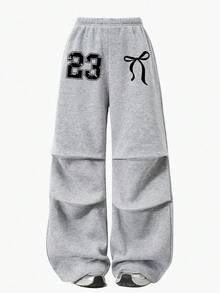 Sparklyn Pantalones de chándal holgados y plisados de felpa con estampado de mariposas y números para niñas preadolescentes, adecuados para el uniforme escolar en otoño e invierno