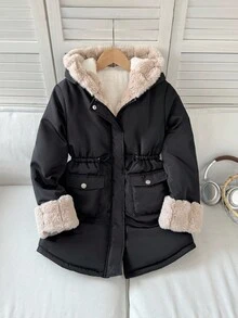 SHEIN 青少年女孩休闲棉衣，带保暖衬里，撞色蓬松装饰兜帽，腰部抽绳，口袋，中长款，黑色，适合秋冬季 - 黑色 - 查看 16