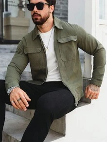 Manfinity Homme Military Green Fitted Washed Denim Jacket With Large Pockets, Casual For Spring/Summer Men Zip Up Shirt Y2K Acid Washed For Slim-Fit - Army Green - View 5