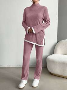 EURMUSE Cotton Contrast Binding Split Hem Tee & Pants - Dusty Pink - View 4