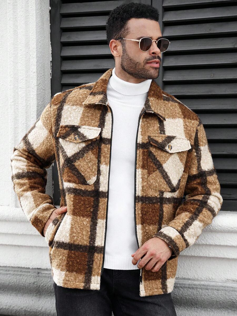 Manfinity CasualCool Plus Size Men's Casual Plaid Zip-Up Jacket, Autumn Flannels For Men Men Shacket Plaid Jacket Men