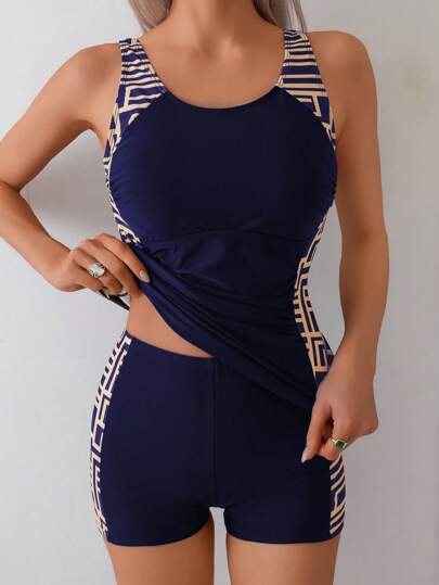 SHEIN 2pcs/Set Summer New Tankini Khaki Geometric Random Print Sleeveless Ruched Tummy Conservative Swimsuit Shorts Swimwear Beach Outfit For Women, Mature Sport Cropped Top & Tankini Set Navy Blue Singlet