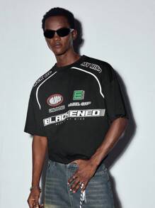 男士字母圖案T恤 - 黑色 - 查看 2