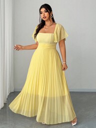 Elenzga Plus Size Women's Short Sleeve Square Neck Waist Gathered A-Line Elegant Romantic Cream Yellow Dress