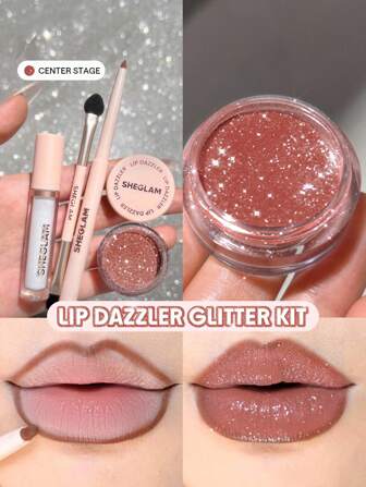 SHEGLAM Lip Dazzler Glitter Kit-Center Stage Long-Lasting Glitter Lip Gloss Sexy Super Stay Non-Sticky Shiny Liquid Kit Liquid Lipstick Pink Rosa Liquid Lipstick Brand Beauty Makeup Face Paint Cosmetic For Women Girls Perfect For Winter Ideal For Y2K Fancy Fashion Suitable For Birthday Christmas Gift Party Ready Best Color