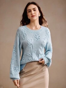 Anewsta 女式花卉图案圆领长袖休闲毛衣，秋季 - 藍色 - 查看 6